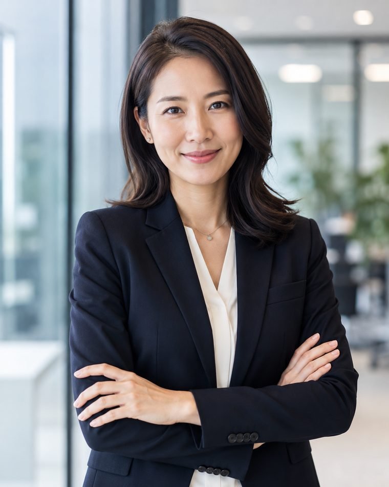 A recruiter smiling with arms crossed in a bright office.