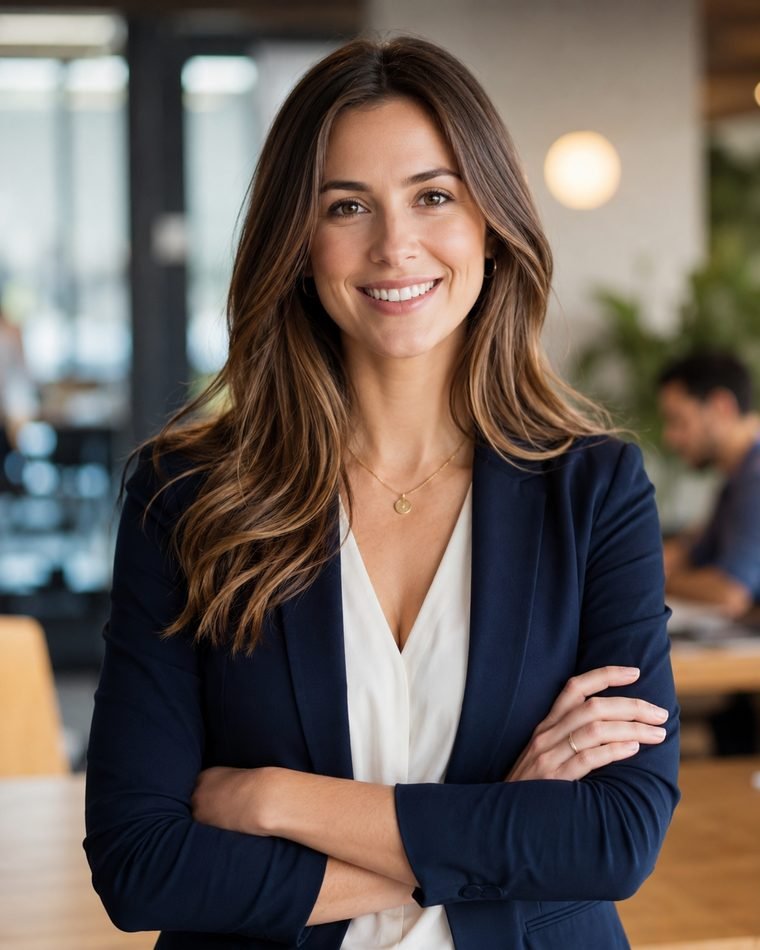 A hiring manager smiling in a warm office cafe.