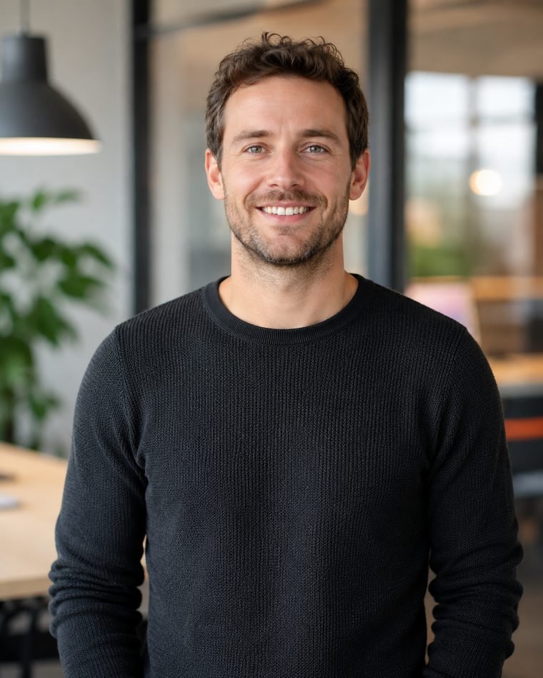 A team member in a dark sweater smiling by a window.